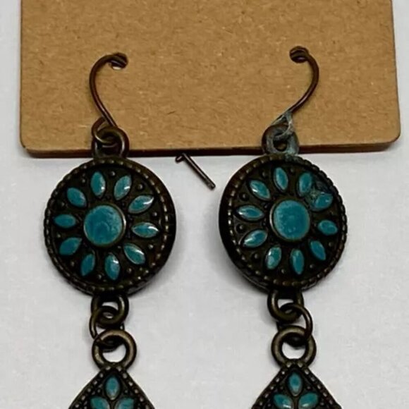 Turquoise Enamel Dangle Drop Earrings Coral Blue Bronze Tone Tear Drop 2 1/4” - Picture 2 of 10